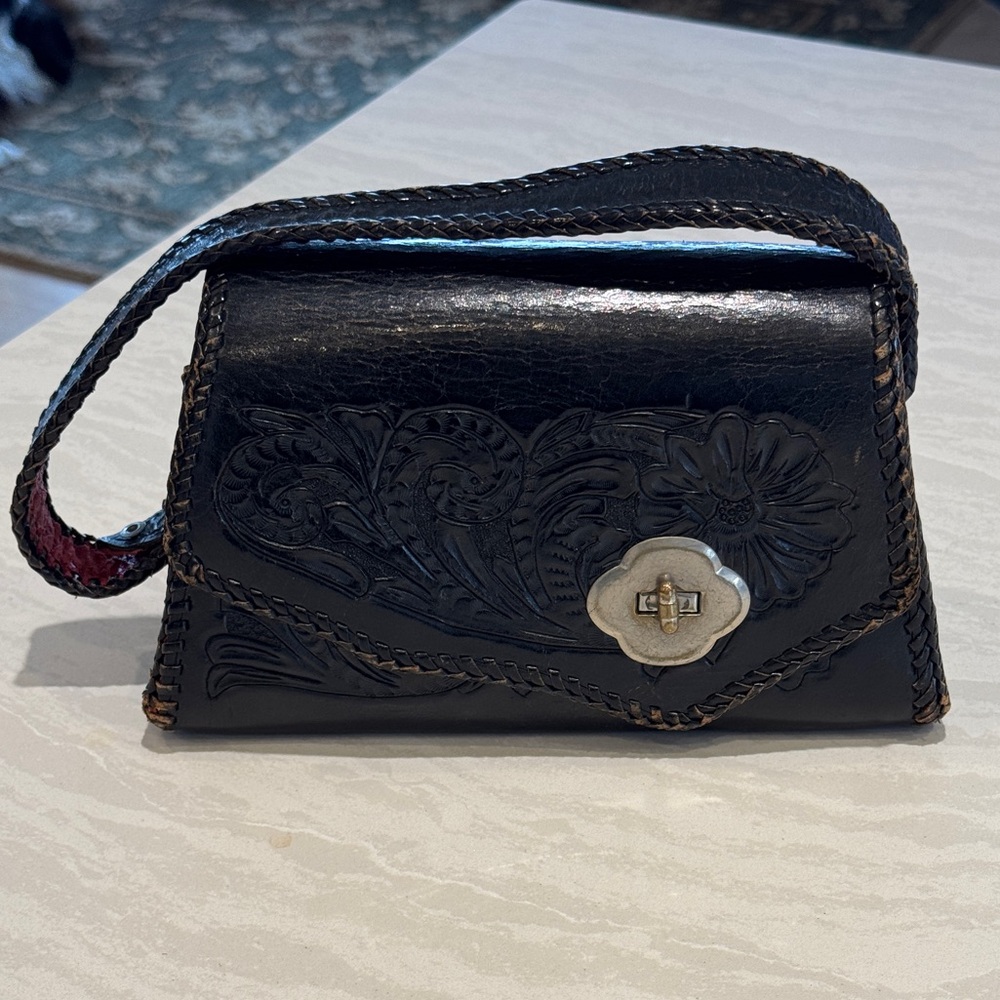 Black Floral Embossed Tooled Leather Handbag